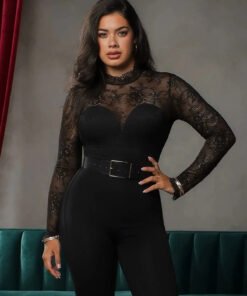 Shapewear Mock Neck Long Sleeve Floral Lace Bodysuit