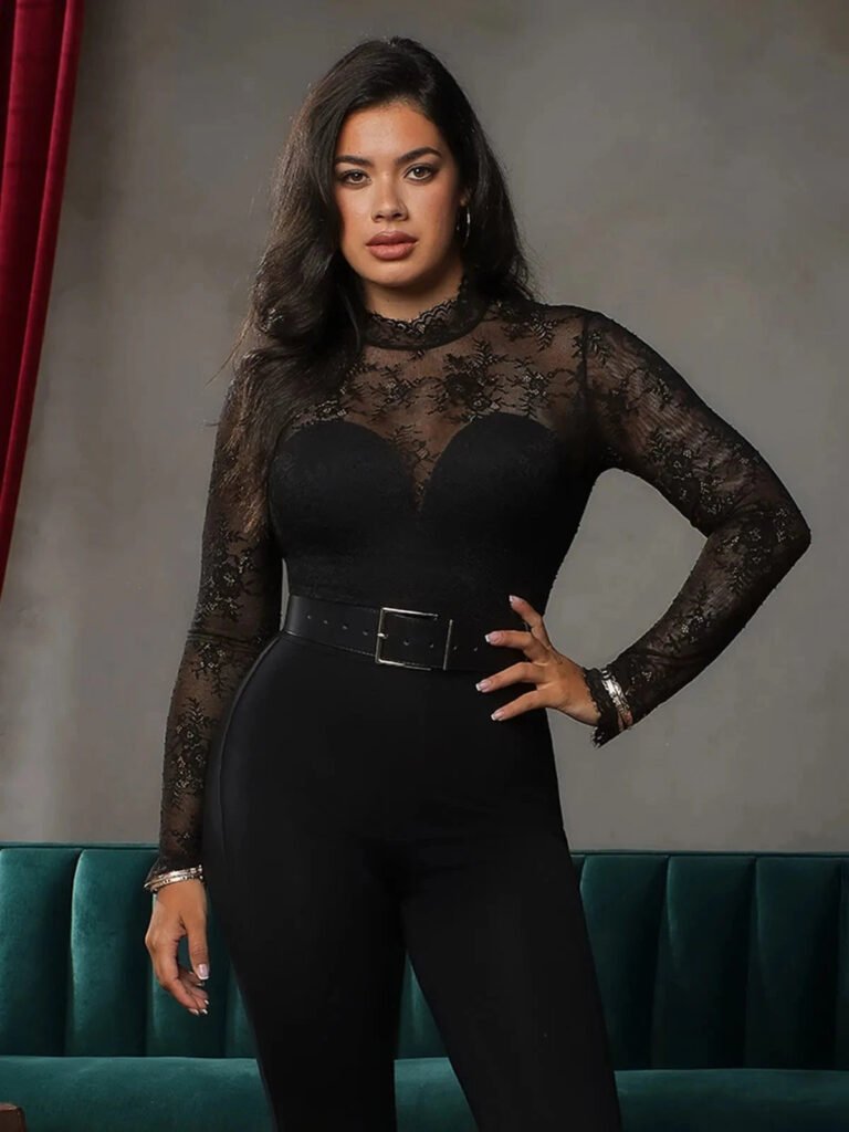 Shapewear Mock Neck Long Sleeve Floral Lace Bodysuit