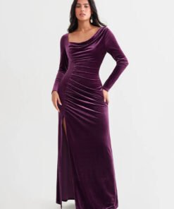 Velvet Draped Long Sleeve Sculpting Column Gown